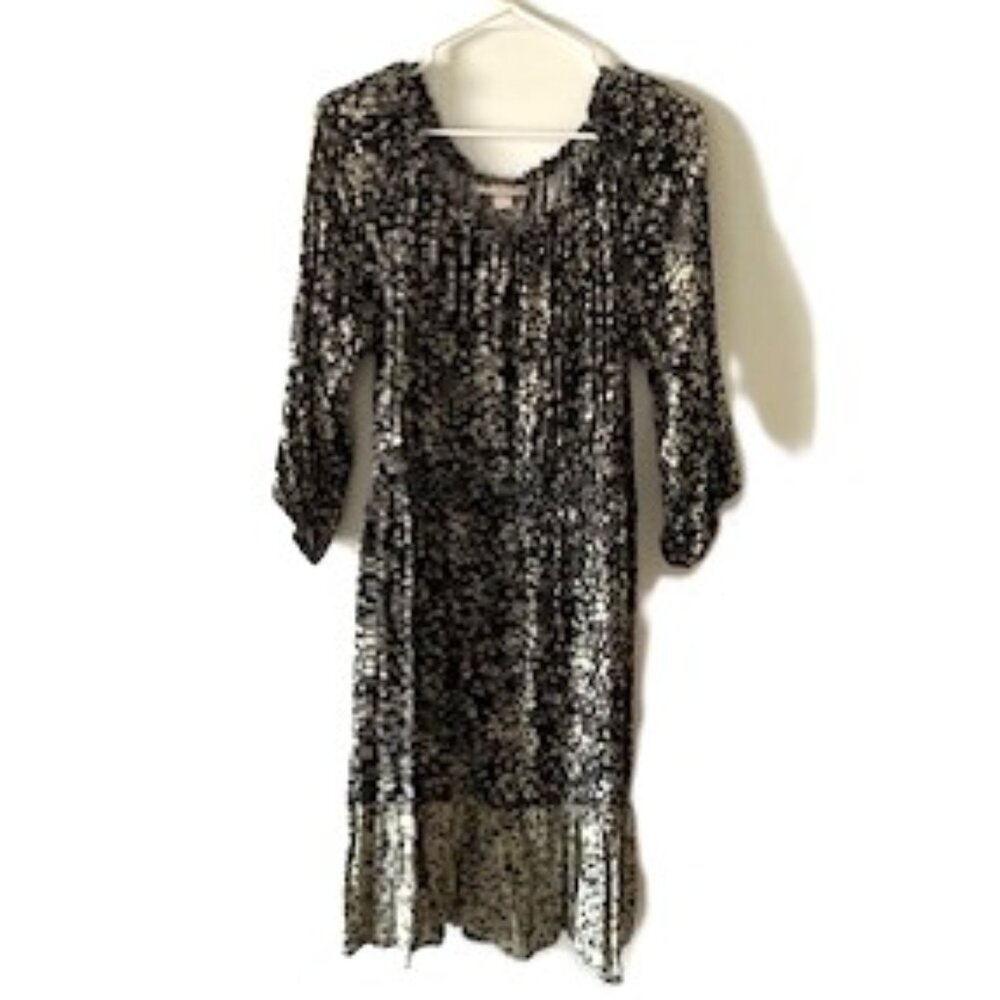 Knox Rose Black and Beige Ruffle Dress with Three-Quarter Sleeves